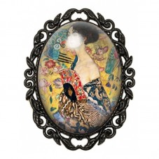 Broche Noire avec Cabochon en Verre La Dame à l'Éventail - Klimt pour la Création de Bijoux Fantaisie - DIY
