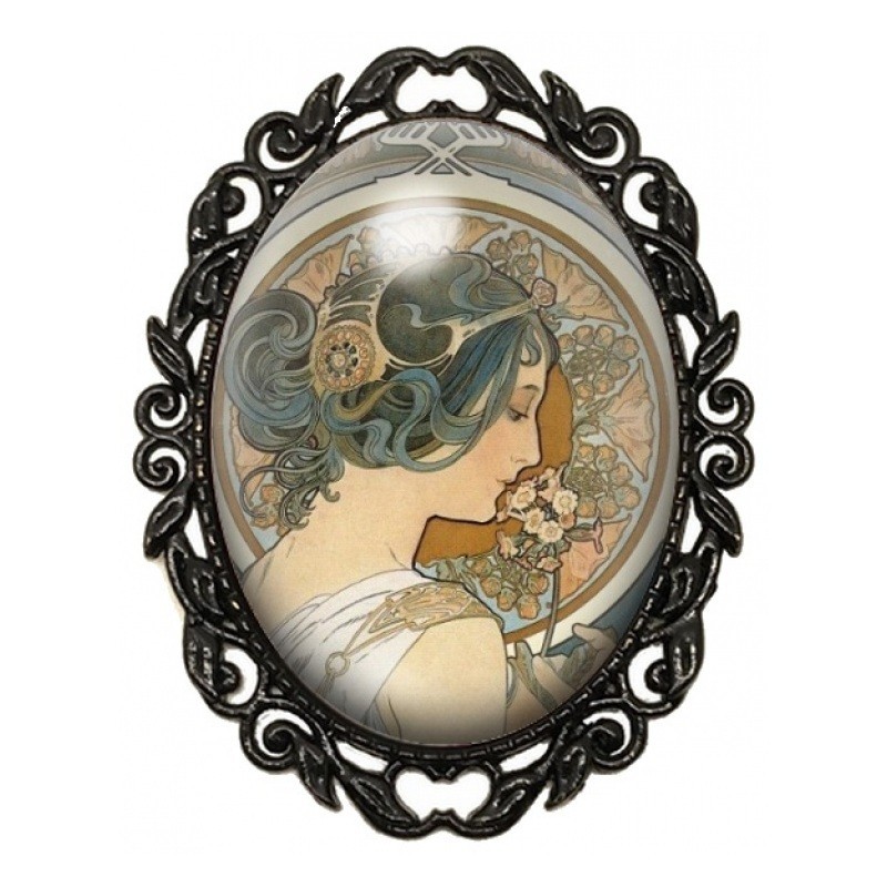 Broche Noire avec Cabochon en Verre Femme aux Fleurs de Mucha