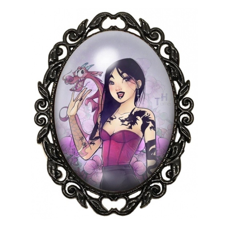 Broche Noire avec Cabochon en Verre Mulan