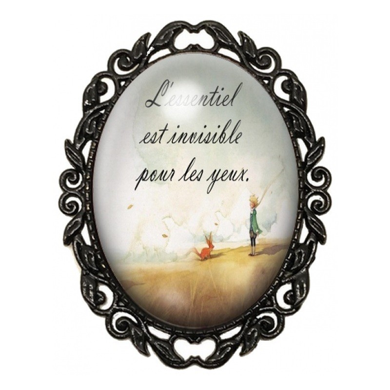 Broche Noire avec Cabochon en Verre Petit Prince, Renard et Citation