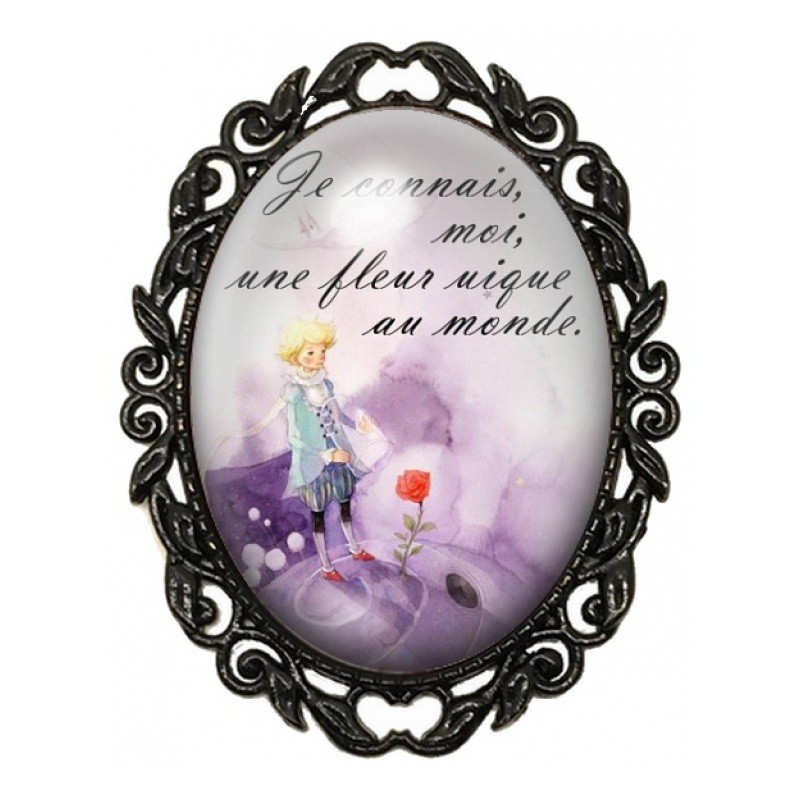 Broche Noire avec Cabochon en Verre Petit Prince et Rose Unique