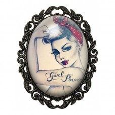 Broche Noire avec Cabochon en Verre Pin-Up Girl Power Rétro pour la Création de Bijoux Fantaisie - DIY