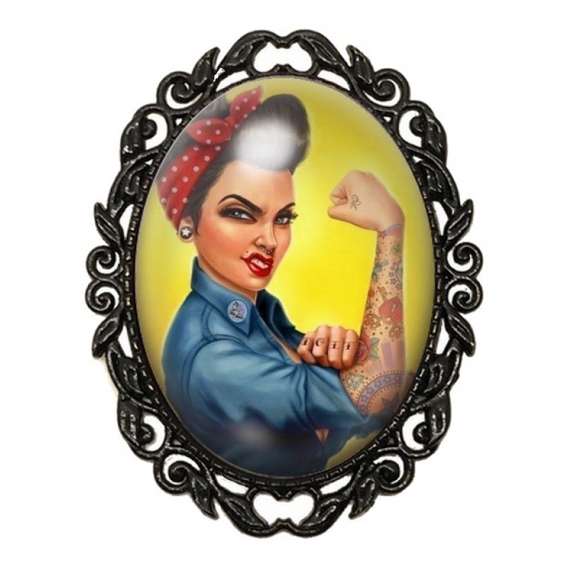 Broche Noire avec Cabochon en Verre Pin-Up Girl Power Rétro