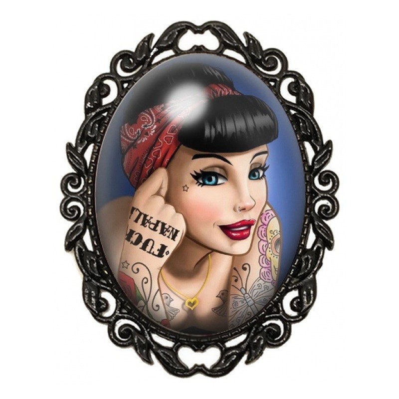 Broche Noire avec Cabochon en Verre Pin-Up Girl Power Rétro