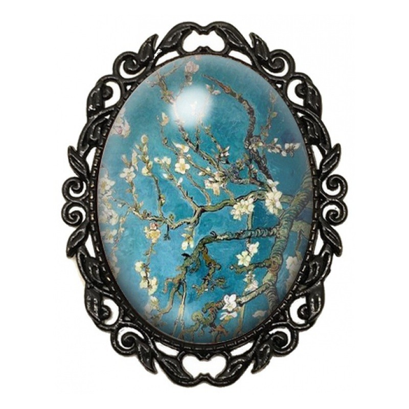 Broche Noire avec Cabochon en Verre Branche d’Amandier en Fleur de Van Gogh