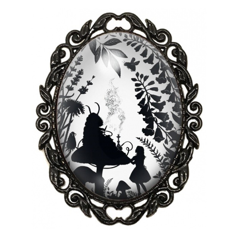 Broche Noire avec Cabochon en Verre Alice au Pays des Merveilles