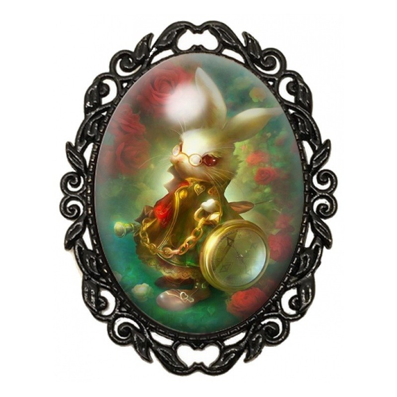 Broche Noire avec Cabochon en Verre Lapin Blanc et Montre à Gousset