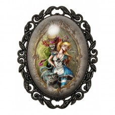 Broche Noire avec Cabochon en Verre Alice au Pays des Merveilles pour la Création de Bijoux Fantaisie - DIY