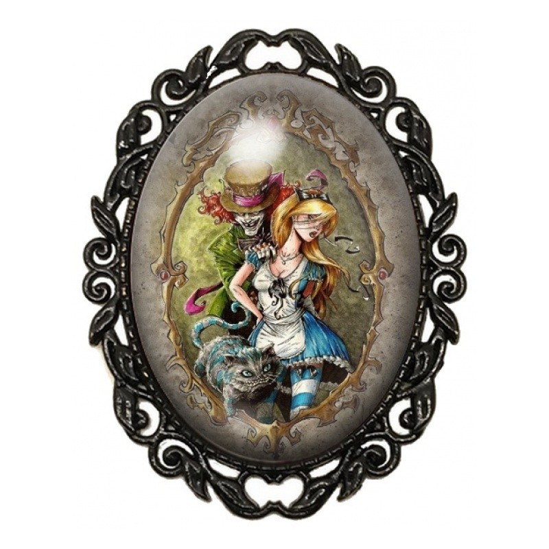 Broche Noire avec Cabochon en Verre Alice au Pays des Merveilles