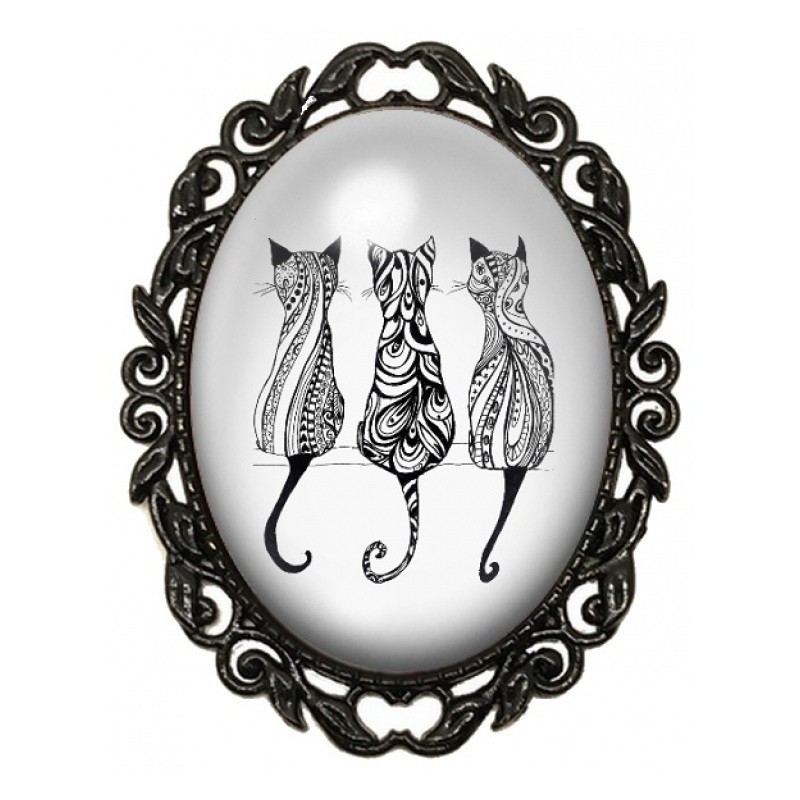 Broche Noire avec Cabochon en Verre Trio de Chats