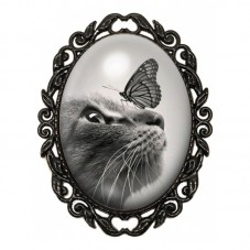 Broche Noire avec Cabochon en Verre Chat Papillon pour la Création de Bijoux Fantaisie - DIY