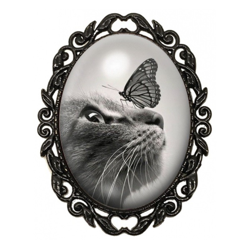Broche Noire avec Cabochon en Verre Chat et Papillon Noir et Blanc