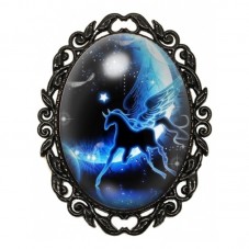 Broche Noire avec Cabochon en Verre Cheval Ailé Féérique pour la Création de Bijoux Fantaisie - DIY