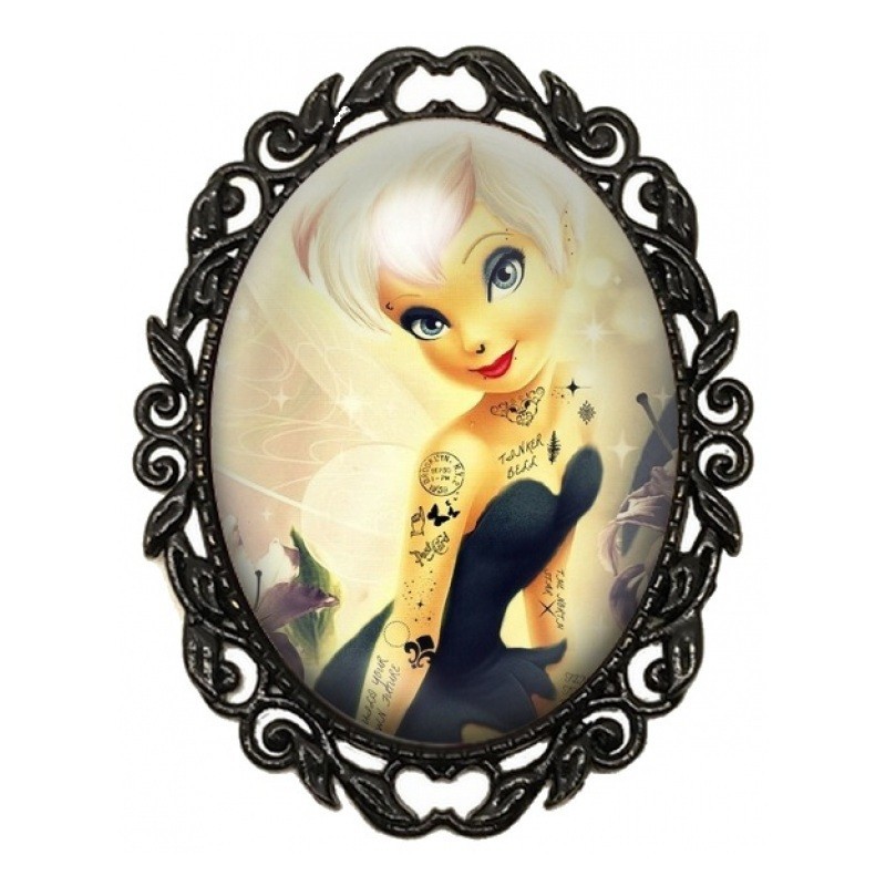 Broche Noire avec Cabochon en Verre Clochette Tatouée aux Cheveux Blancs