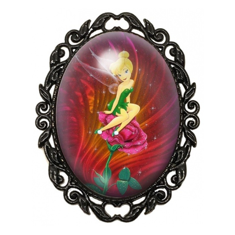Broche Noire avec Cabochon en Verre Fée Clochette sur une Rose
