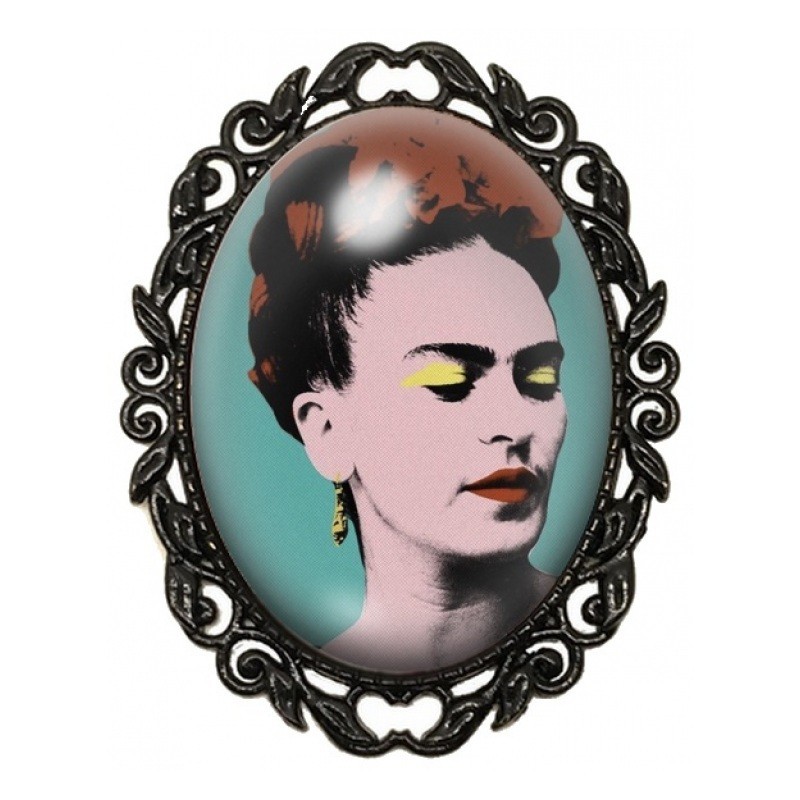 Broche Noire avec Cabochon en Verre Frida Kahlo Pastel sur Fond Turquoise