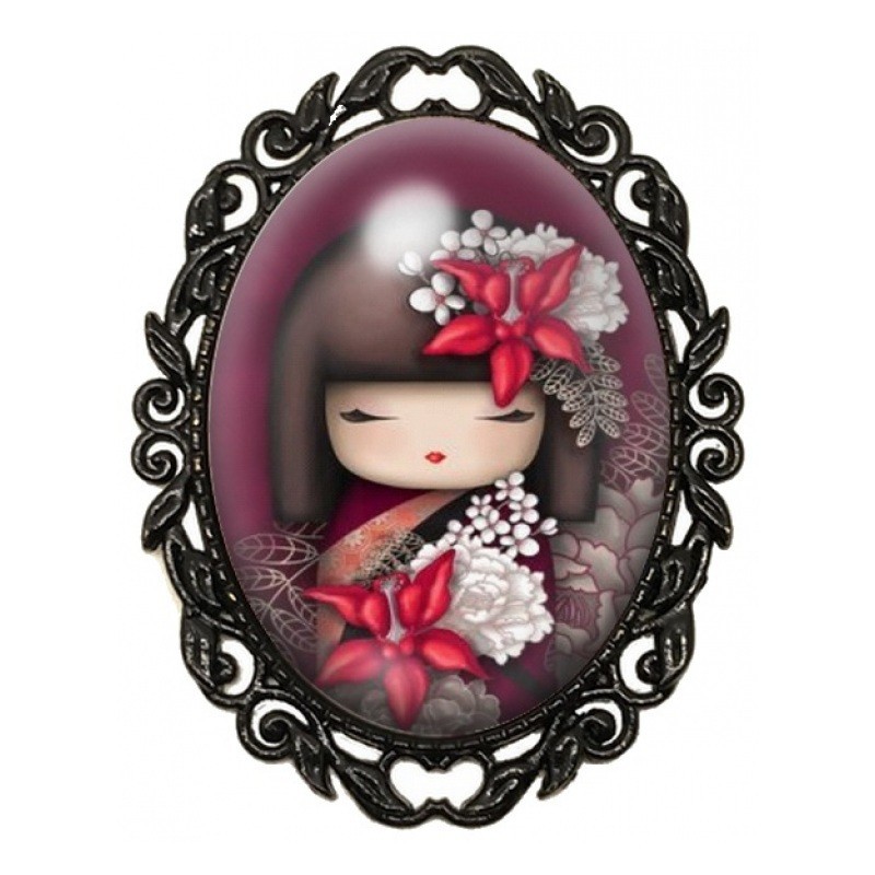 Broche Noire avec Cabochon en Verre Geisha aux Fleurs Rouges et Blanches