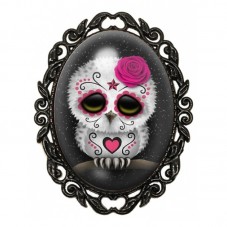 Broche Noire avec Cabochon en Verre Hibou Calavera à la Rose Fuchsia pour la Création de Bijoux Fantaisie - DIY