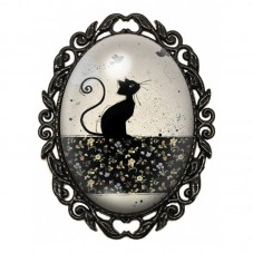 Broche Noire avec Cabochon en Verre Chat Noir sur Frise Fleurie pour la Création de Bijoux Fantaisie - DIY