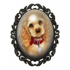 Broche Noire avec Cabochon en Verre Cocker Blond au Collier Rouge pour la Création de Bijoux Fantaisie - DIY