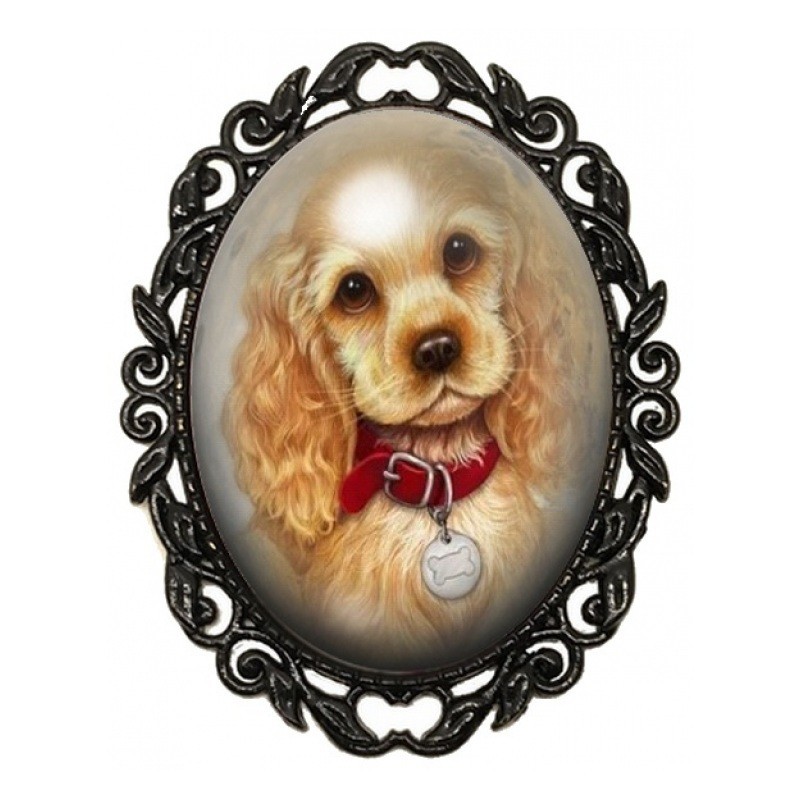 Broche Noire avec Cabochon en Verre Cocker Blond au Collier Rouge
