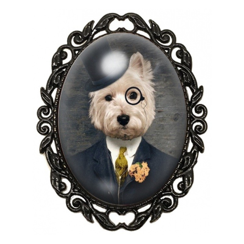 Broche Noire avec Cabochon en Verre Chien