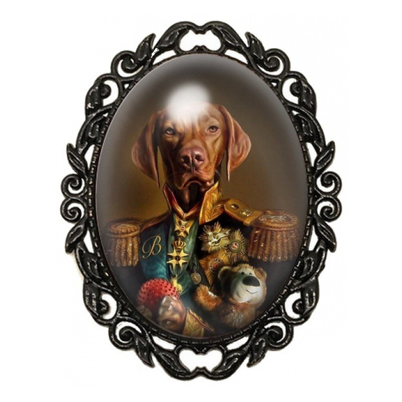 Broche Noire avec Cabochon en Verre Chien Officier et Ours en Peluche