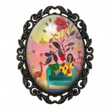 Broche Noire avec Cabochon en Verre Lectrice au Jardin Rose pour la Création de Bijoux Fantaisie - DIY