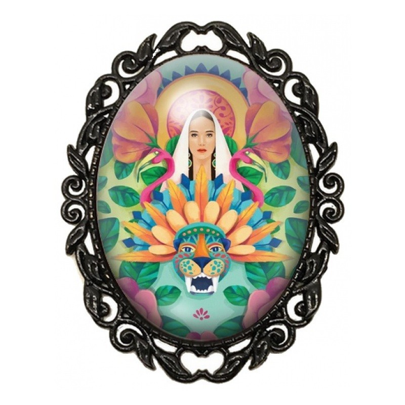Broche Noire avec Cabochon en Verre Femme Exotique, Flamants Roses et Tigre