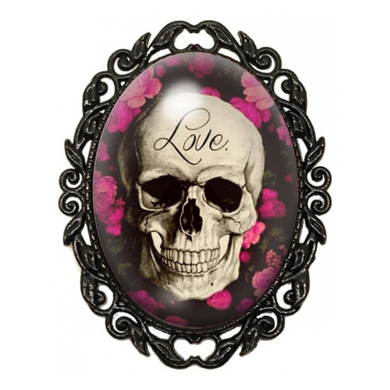 Broche Noire avec Cabochon en Verre Crâne Love et Roses Fuchsia
