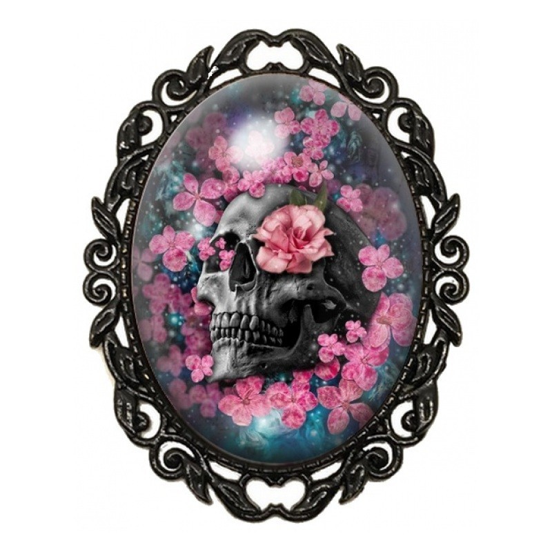 Broche Noire avec Cabochon en Verre Crâne Gothique