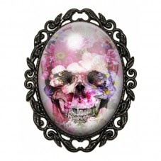 Broche Noire avec Cabochon en Verre Crâne Fleuri Rose et Mauve pour la Création de Bijoux Fantaisie - DIY