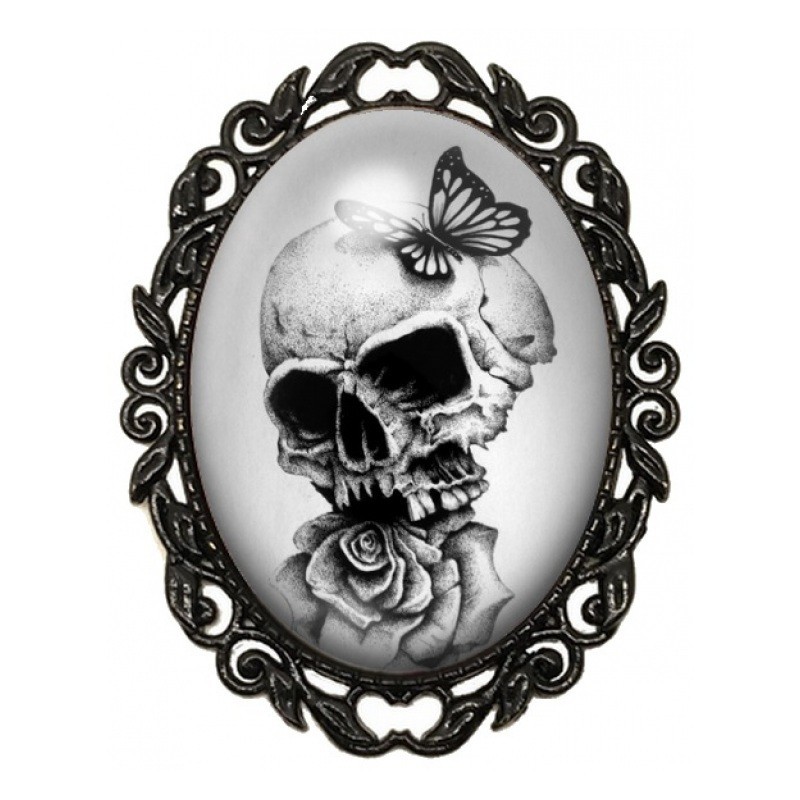 Broche Noire avec Cabochon en Verre Crâne, Papillon et Rose