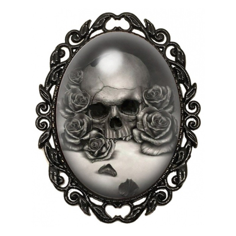 Broche Noire avec Cabochon en Verre Crâne et Roses Noir et Blanc