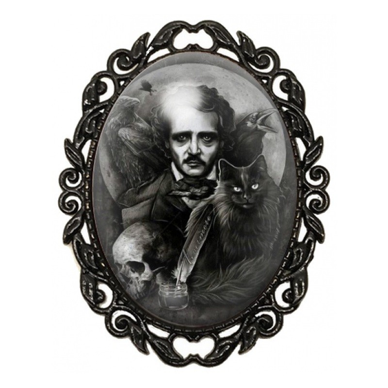 Broche Noire avec Cabochon en Verre Edgar Allan Poe, Corbeaux et Chat Noir