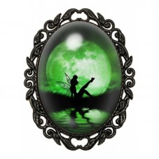 Broche Noire avec Cabochon en Verre Fée devant la Lune Verte pour la Création de Bijoux Fantaisie - DIY