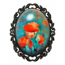 Broche Noire avec Cabochon en Verre Coquelicots sur Fond Turquoise pour la Création de Bijoux Fantaisie - DIY