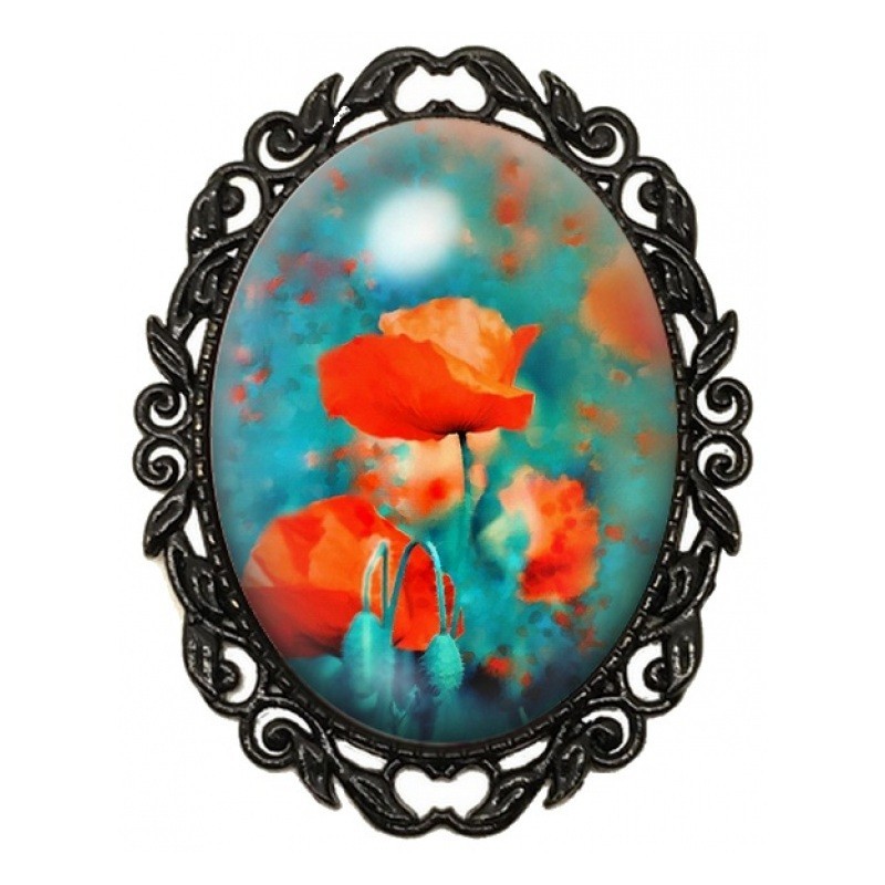 Broche Noire avec Cabochon en Verre Coquelicots sur Fond Turquoise