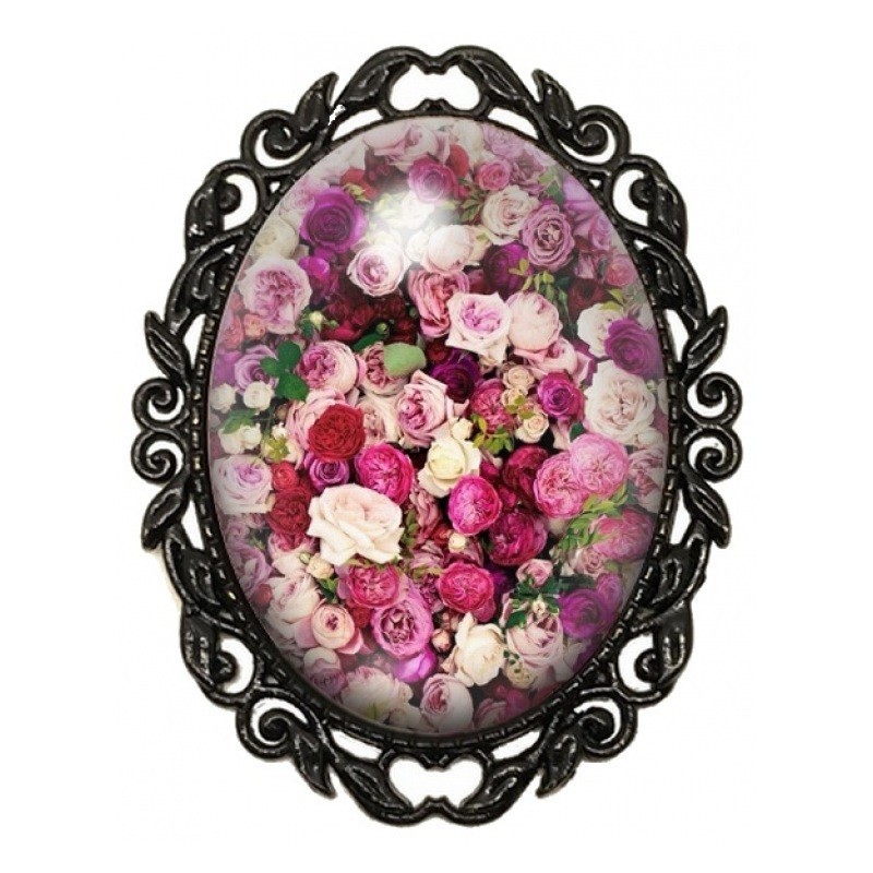 Broche Noire avec Cabochon en Verre Abondance de Roses Roses et Pourpres