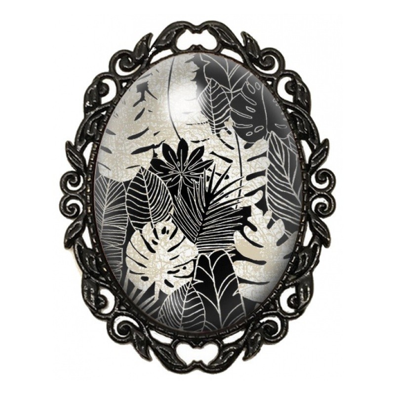Broche Noire avec Cabochon en Verre Feuillage Tropical Noir et Ivoire