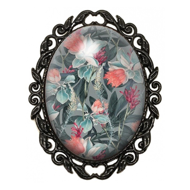 Broche Noire avec Cabochon en Verre Protées Corail et Feuillage Tropical