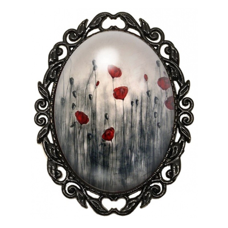 Broche Noire avec Cabochon en Verre Coquelicots dans la Brume