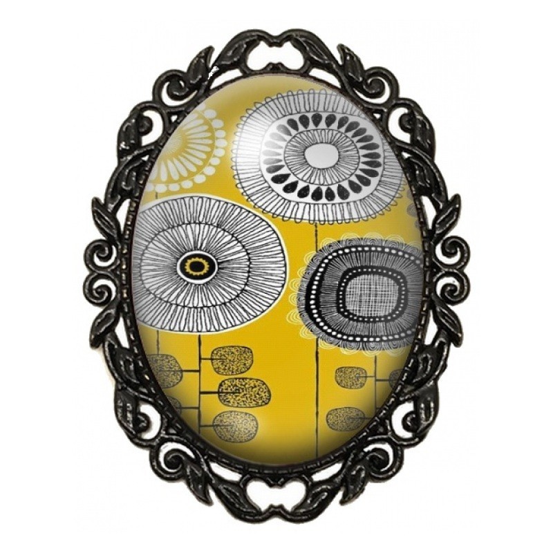 Broche Noire avec Cabochon en Verre Fleurs Graphiques Jaune Moutarde