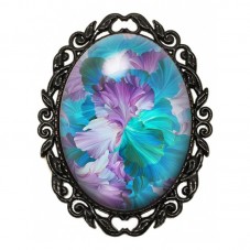 Broche Noire avec Cabochon en Verre Pétales Turquoise et Mauve pour la Création de Bijoux Fantaisie - DIY