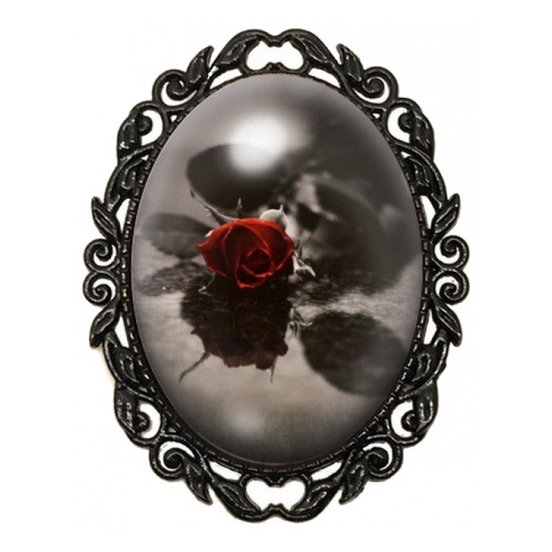 Broche Noire avec Cabochon en Verre Rose Rouge sur Fond Noir et Blanc