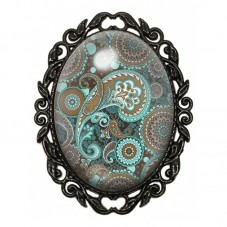 Broche Noire avec Cabochon en Verre Arabesques Cachemire Turquoise et Marron pour la Création de Bijoux Fantaisie - DIY