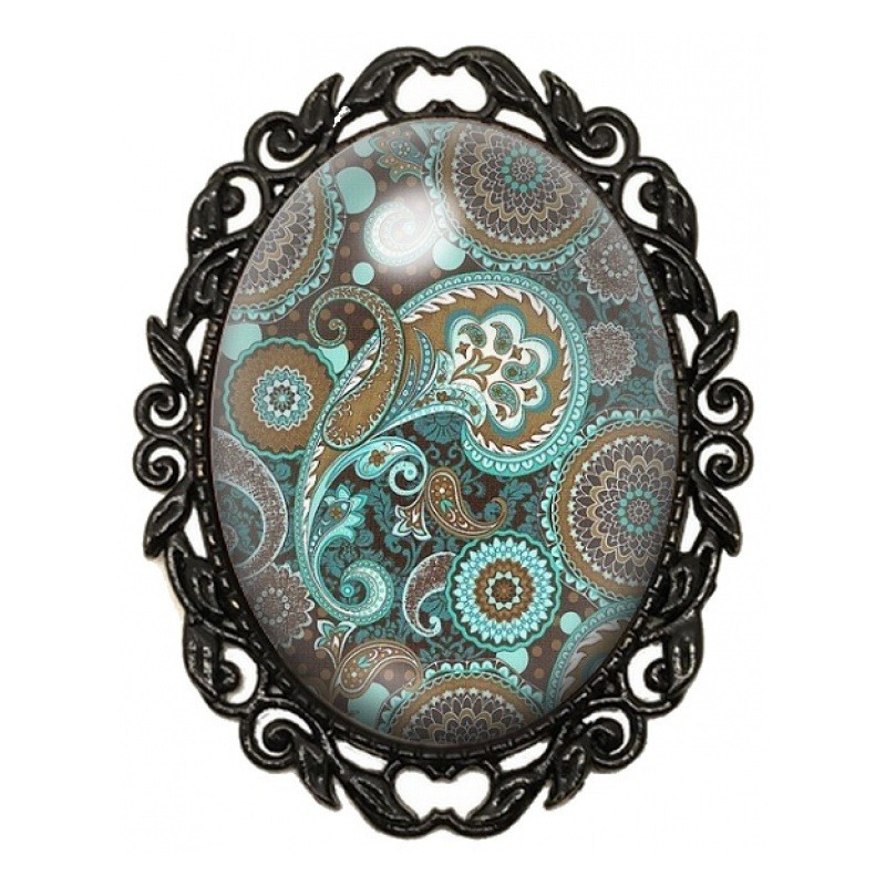 Broche Noire avec Cabochon en Verre Arabesques Cachemire Turquoise et Marron