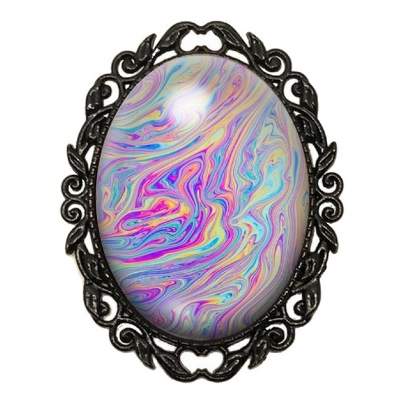 Broche Noire avec Cabochon en Verre Abstraction Marbrée Pastel