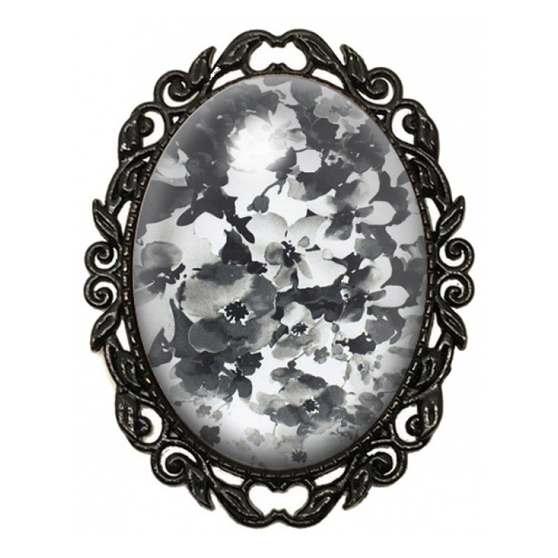 Broche Noire avec Cabochon en Verre Fleurs Aquarelle Noir et Blanc