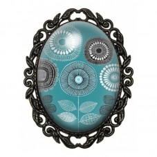 Broche Noire avec Cabochon en Verre Fleurs Graphiques Turquoise pour la Création de Bijoux Fantaisie - DIY